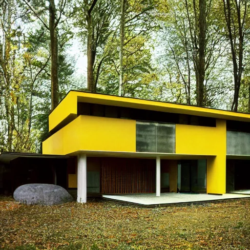 Prompt: architecture ad for a mid-century modern house in the middle of the wood designed by Rem Koolhas. Film grain, cinematic, colorized, yellow hue.