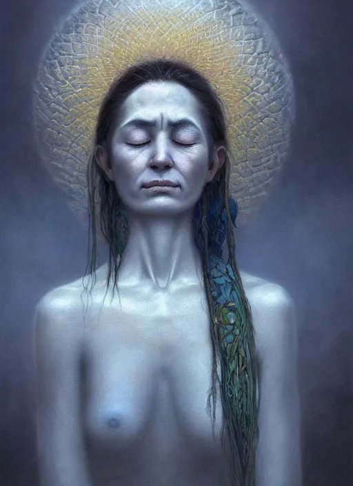 Prompt: a beautiful portrait of a shaman with eyes closed feeling her heart, designed by dr seuss and michal karcz, by christophe vacher