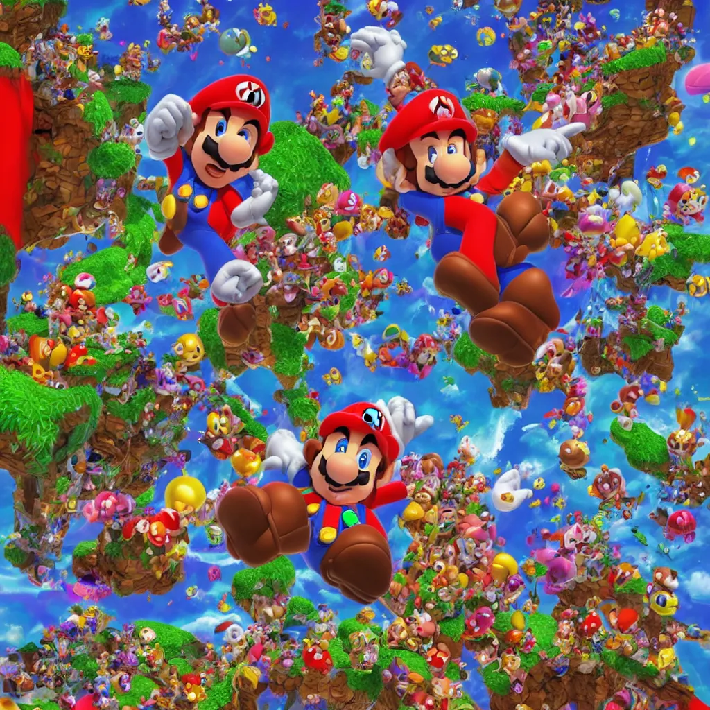 Image similar to 3 d realistic render of super mario tripping on mushrooms, psychedelic digital art, psychedlic trip. magic mushrooms, super mario bros, hyper detailed, cinematic lighting, studio quality, unreal engine 5 renderered, dark atmoshopere, octane rendered, ultrarealistic, concept art, artstation, high definition, 4 k, art by greg rutkowski, art by cd projekt red