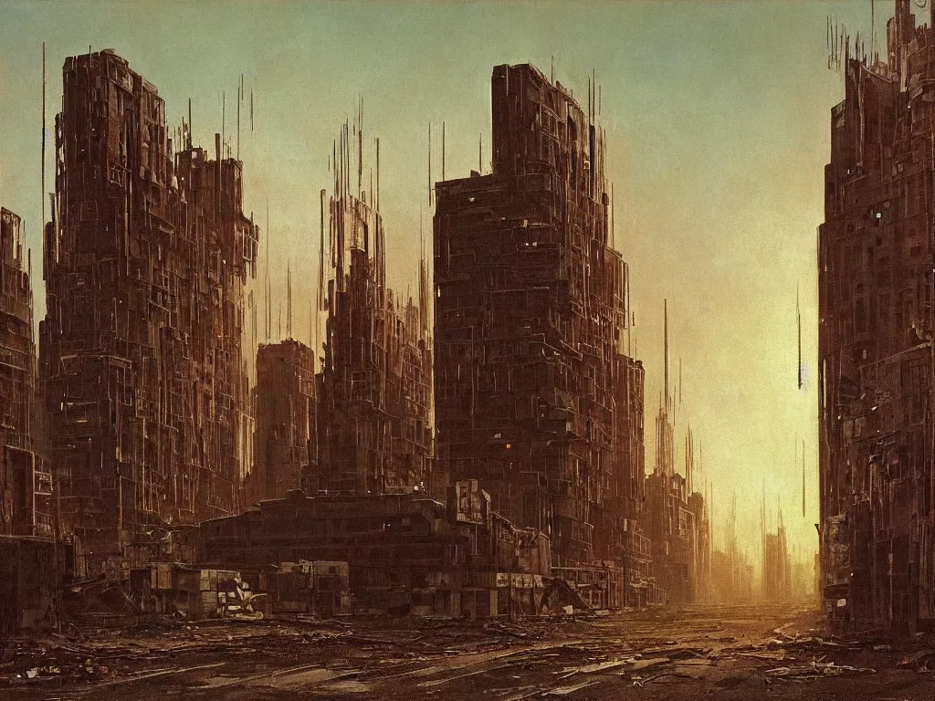 Image similar to a post apocalyptic brutalist architecture cityscape after a nuclear war, blown out neon lighting, painted by albert bierstadt