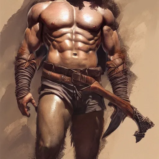 Image similar to portrait of a rugged ranger, muscular, upper body, hairy torso, detailed detailed detailed hands hands hands hands, D&D, fantasy, bare bare bare bare thighs thighs thighs intricate, elegant, highly detailed, digital painting, artstation, concept art, smooth, sharp focus, illustration, art by greg rutkowski