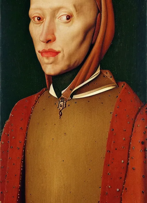 Image similar to a portrait of a cyborg by Jan van Eyck