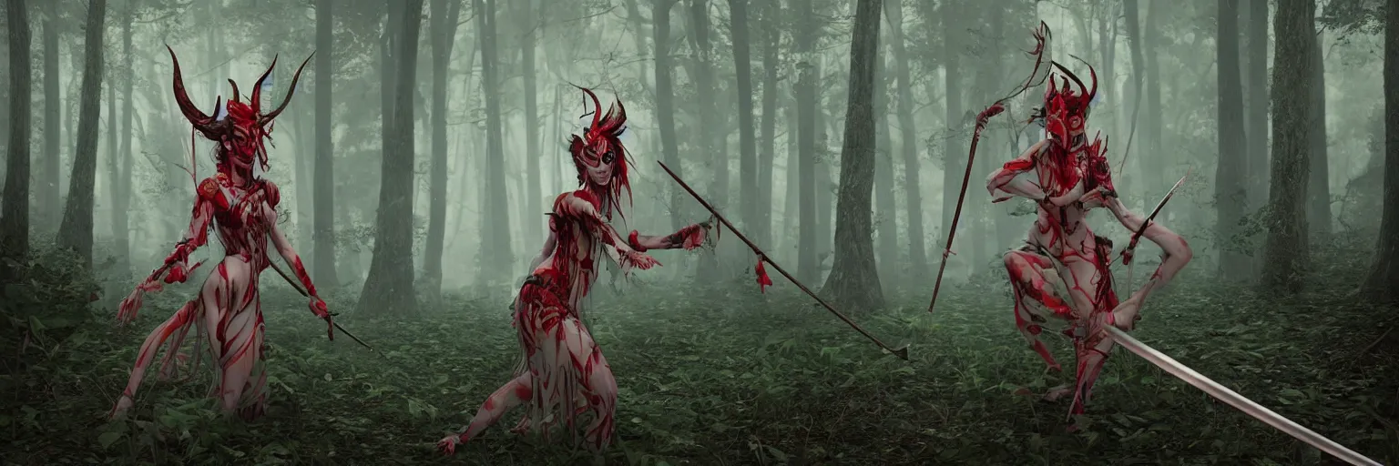 Image similar to a beautiful 3 d render of a giesha demon wearing a kimono + holding a samurai sword, innovative avant - garde art, deco fashion, photorealistic + in a serene forest setting!!!!!!!, concept art, award winning, 4 k, rule of thirds, volumetric lighting, hyper detailed, confident, moody, dramatic, octane render