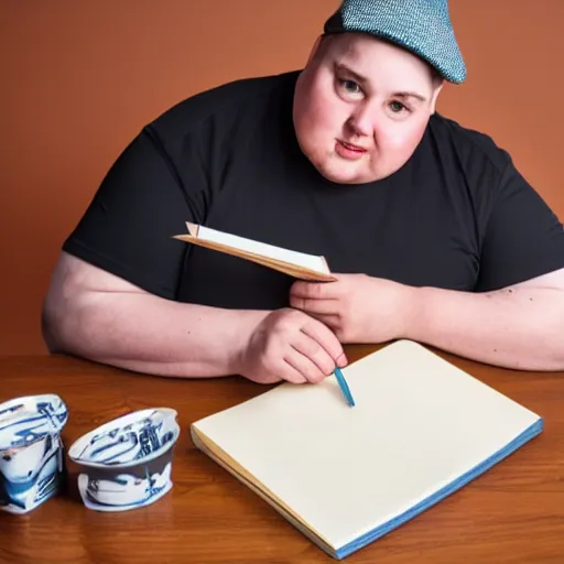 Image similar to very obese man with a t-shirt and a cap with the letter P, writing on a book