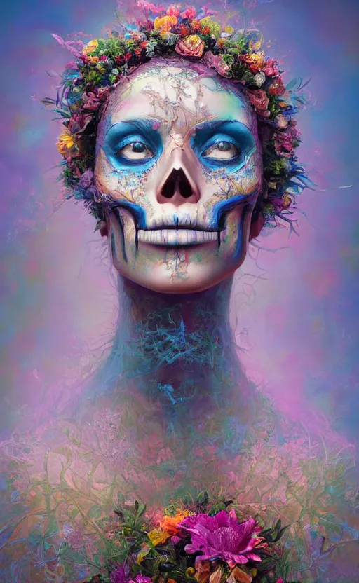 Image similar to a beautiful oil painting hyperrealism of a beautiful woman, skull makeup, flowers, floral headdress, 8 k resolution, octane render, trending on artstation, by gediminas pranckevicius, volumetric light 2 blue fractal thunder glow by dan mumford, anaglyph effect, laurie lipton