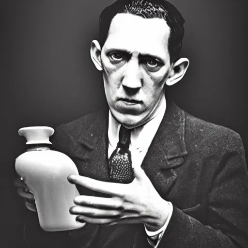 Image similar to hp lovecraft as a milk man, photography, black and white, 8 k,