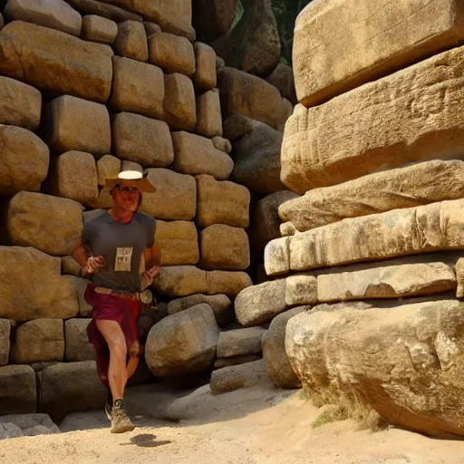 Prompt: Indiana Jones running from boulder trap in ancient temple