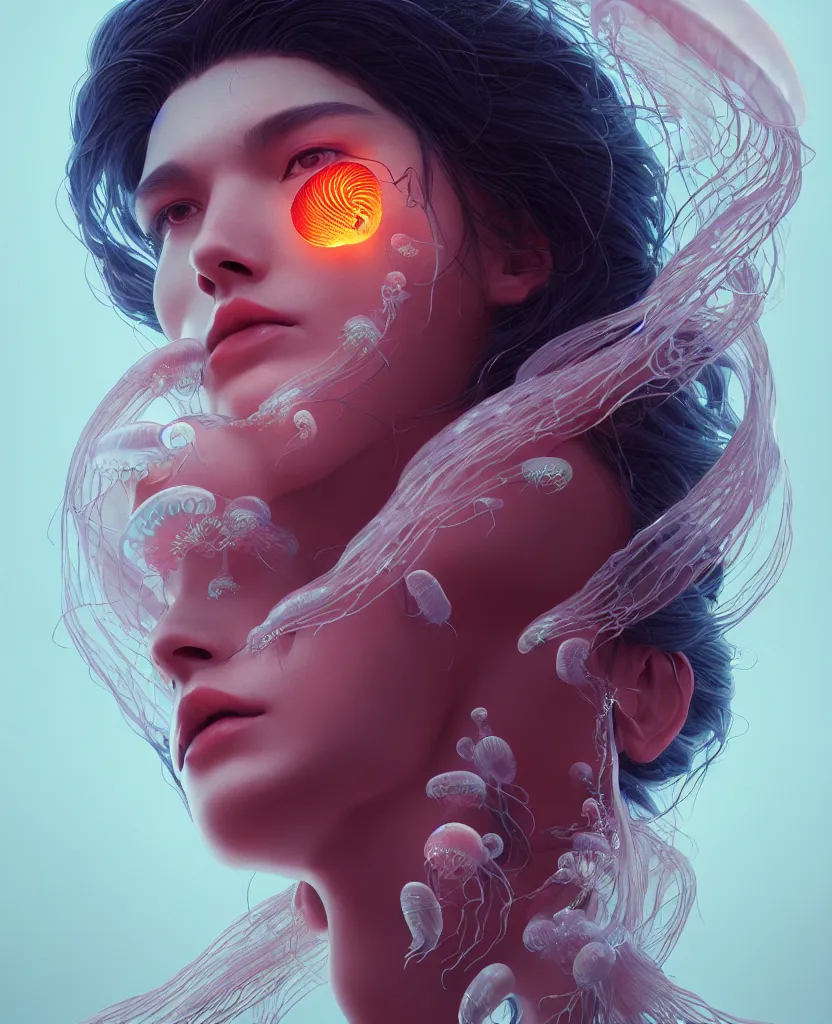 Image similar to goddess portrait. jellyfish phoenix head. intricate artwork by Tooth Wu and wlop and beeple. octane render, trending on artstation, greg rutkowski very coherent symmetrical artwork. cinematic, hyper realism, high detail, octane render, 8k