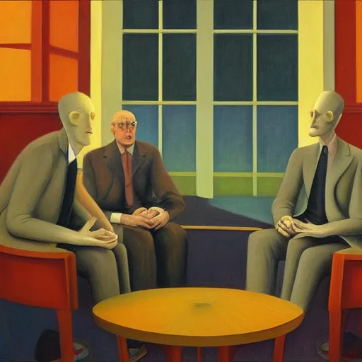 Image similar to a meeting of the robotic leaders in the capital dome, ( ( ( grant wood ) ) ), pj crook, ( ( ( edward hopper ) ) ), oil on canvas