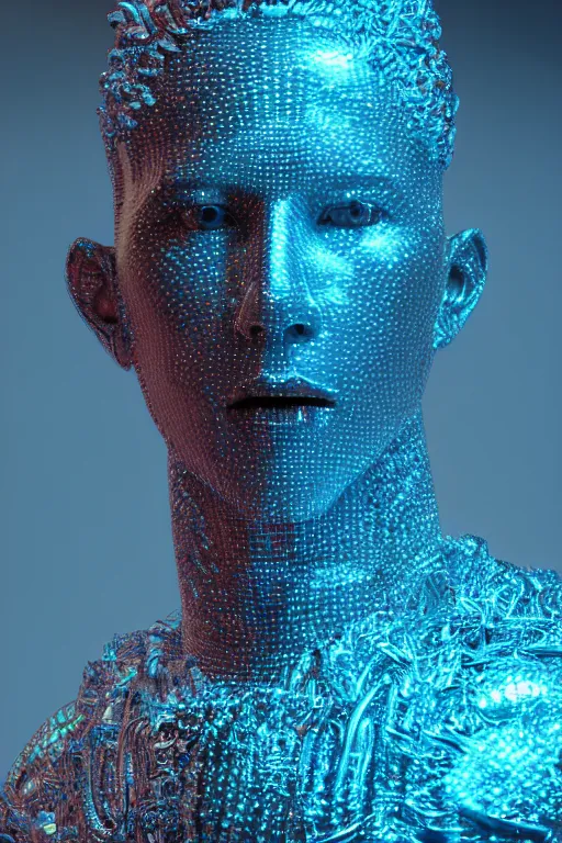Prompt: hyper detailed ultra sharp portrait of baroque and bladerunner delicate neon diamond sculpture of seductive albino pharaoh nick jonas, sarcophagus blue iridescent humanoid deity wearing metallic hoody made out of hands holding the sun prismatic dungeon, glowing blue face, crown of white diamonds, cinematic lighting, photorealistic, octane render 8 k depth of field 3 d