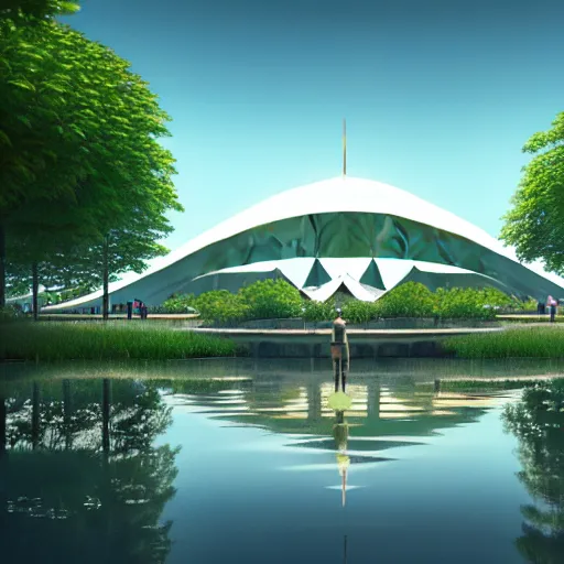 Image similar to expo 6 7 pavillion, solarpunk, studio ghibli, jean - baptiste monge, octane render, 4 k, symmetry