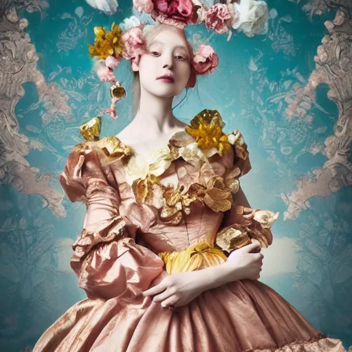 Image similar to 8k, octane render, realism, tonalism, renaissance, rococo, baroque, portrait of a young lady wearing long harajuku manga dress with flowers and skulls, background chaotic gold leaf flowers