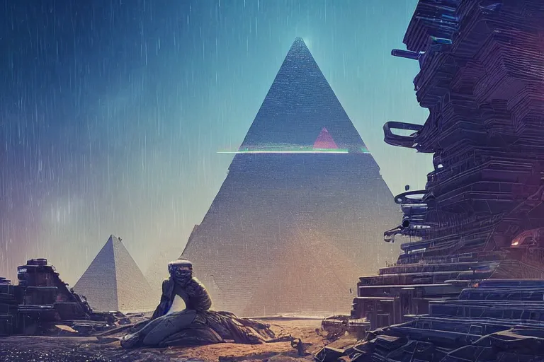 Prompt: ancient pyramids, cyberpunk art by mike winkelmann, trending on cgsociety, retrofuturism, reimagined by industrial light and magic, darksynth, sci - fi