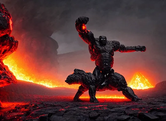 Image similar to epicly designed very muscular stone obsidian robot with human body fighting a deadly beast made from lava with background by greg rutkowski