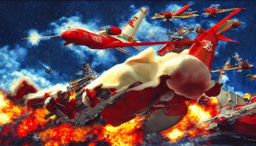 Prompt: santa claus sleigh being shot down by a surface to air missile, fiery explosion, artwork by katsuhiro otomo, yoshitaka amano, and artgerm. 3 d shadowing effect, 8 k resolution.