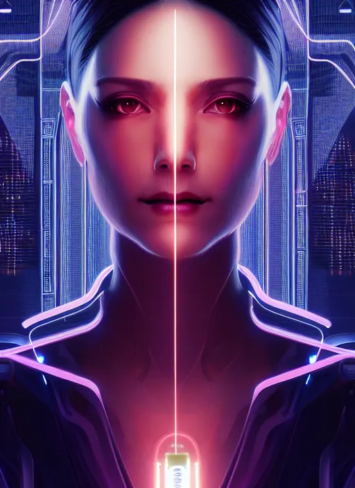 Prompt: symmetry!! portrait of woman with nanotech, sci - fi -, cyberpunk, blade runner, glowing lights, tech, biotech, techwear!! intricate, elegant, highly detailed, digital painting, artstation, concept art, smooth, sharp focus, illustration, art by artgerm and greg rutkowski and alphonse mucha