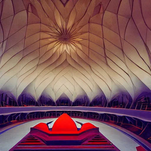 Image similar to interior of a futuristic lotus temple with gold, red and white marble panels, in the desert, by buckminster fuller and syd mead, intricate contemporary architecture, photo journalism, photography, cinematic, national geographic photoshoot