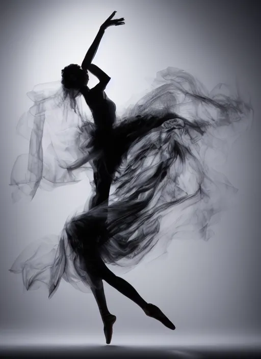 Image similar to a Photorealistic dramatic hyperrealistic render of a glamorous beautiful Female smoke dancer by Ken Brower and Deborah Ory of NYC Dance project,Lois Greenfield,Flowing cloth and smoke,Beautiful dynamic dramatic dark moody lighting,volumetric,shadows,cinematic atmosphere,Octane render,8K