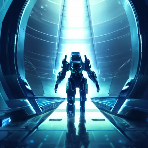 Image similar to cyberpunk halo character walking on a space bridge, close shot, reflection, epic, dramatic, cinematic, award winning, ultra detailed, realistic