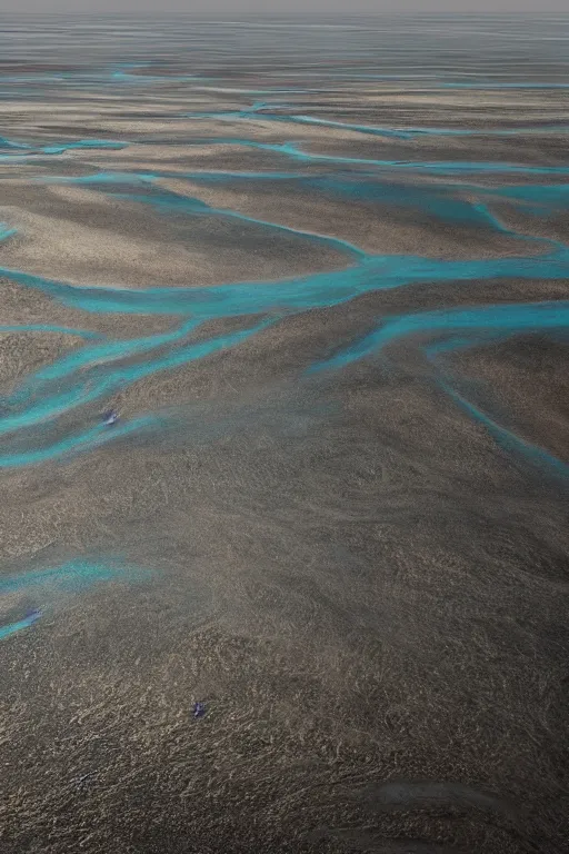 Image similar to top view of muddy river delta leading to sea by hiroshi yoshida, roger deakins, turner, rothko, hyperrealism, turbulent alien vivid landscape, matte painting, fluid simulation, trending on artstation, 8 k high detail concept art, rendered in octane