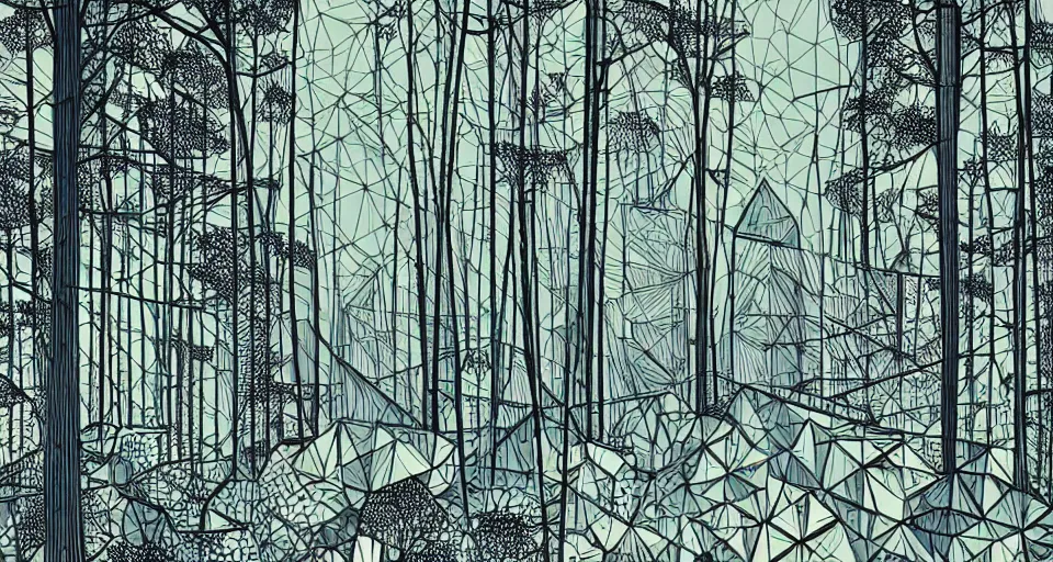 Prompt: geometric art, detailed matte illustration, geometric art by robert h hudson, detailed illustration of large factory in a beautiful forest and undergrowth