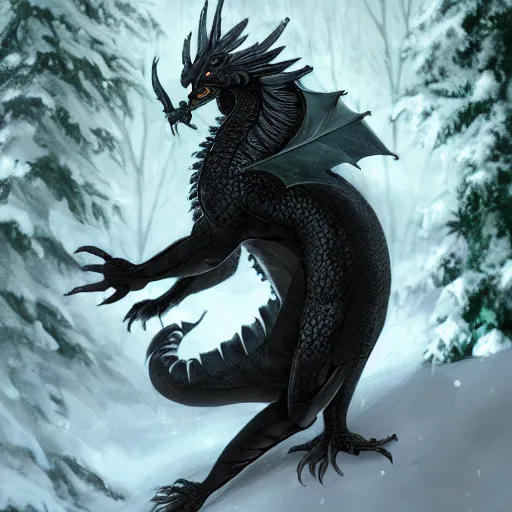 Image similar to handsome cute black dragon in snowy forest, dnd character, background focus, fantasy, magic, realistic textured skin, hawk feather, hawk wings, lizard legs, lizard pose, big eyes, clear clean, by lya kushinov, Avetetsuya Studios, Alexandra Fomina artstation, by Makoto Shinkai, digital 2D, matte painting