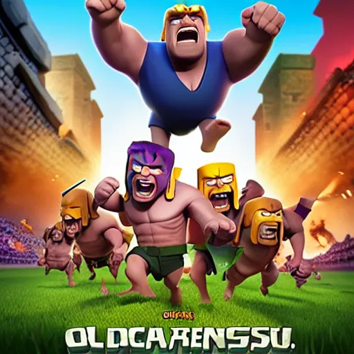 Image similar to clash of clans film poster concept featuring Obama and Trump