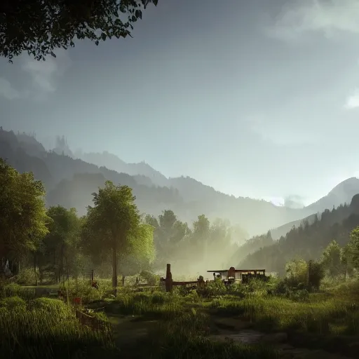 Image similar to ecovillage designed by olson kundig, day time, grand mountains and forest in the distance, farm and gardens, streams, white mist, sun in the sky, Cinematic, environment concept art, ethereal, ultra detailed, unreal engine style, cinematic light, trending in artstation, highly detailed, epic scene