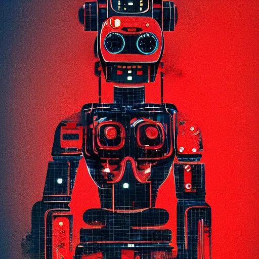 Prompt: robot with a red background, cyberpunk art by dr. atl, featured on behance, shock art, kinetic, synthwave, artwork