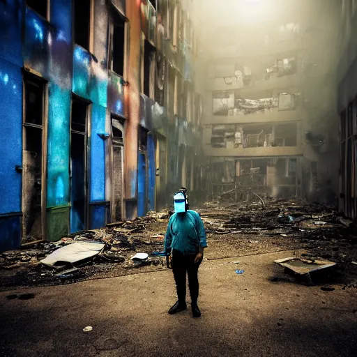 Image similar to A colorful photo of a mysterious man with a gas mask wearing a flashlight is standing in the midle of a staircase alley looking in the direction of the camera :: exterior, blue sky visible :: ruined city with vegetation and trees growing everywhere on the destroyed buildings :: apocalyptic, gloomy, desolate :: long shot, low angle, dramatic backlight, symmetrical, night, slightly colorful photography :: cinematic shot, very detailed