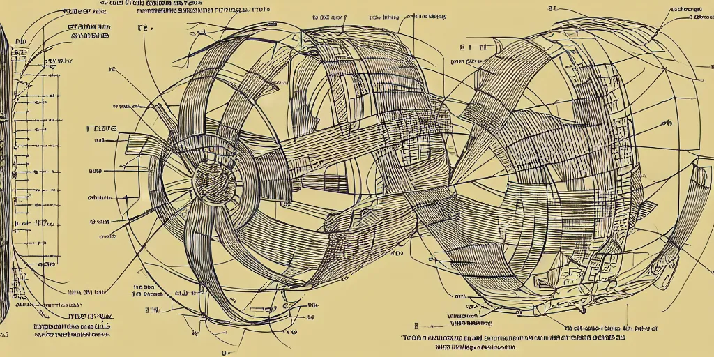 Prompt: highly detailed schematic, technical drawing, side view, toroid, universe designs