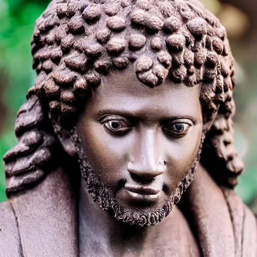 Image similar to east african man with curly hair as a marcus aurelius sculpture, intricate details, sharp focus