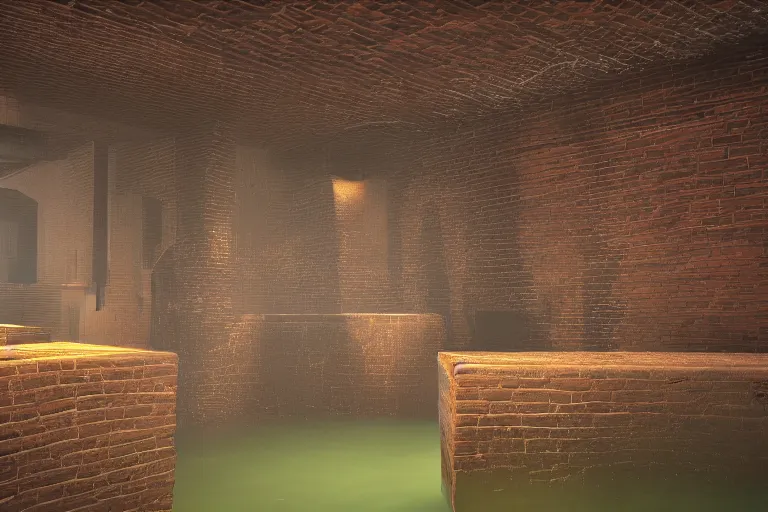 Prompt: stylized sewers environment, concave brick walls run along the center channel, pipes on the walls, a slight green glow emanates from the water, lively, Unreal Engine render, Artstation 4K