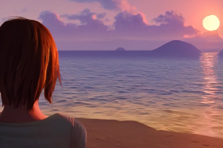 Image similar to a photo of max caulfield watching sunset on the sea, hyperrealistic, cinematic, 8 k, highly detailed, ue 5