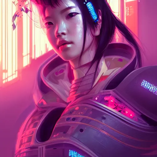 Image similar to portrait futuristic Samurai Girl, in future cyberpunk tokyo rooftop , ssci-fi, fantasy, intricate, very very beautiful, elegant, human anatomy, neon light, highly detailed, digital painting, artstation, concept art, smooth, sharp focus, illustration, art by tian zi and WLOP and alphonse mucha