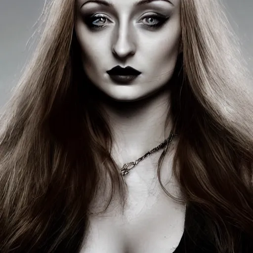 Image similar to modeling photograph sophie turner, blonde, beautiful, dark, mysterious, bubble goth, detailed symmetrical face, half body shot, fog dramatic, teen