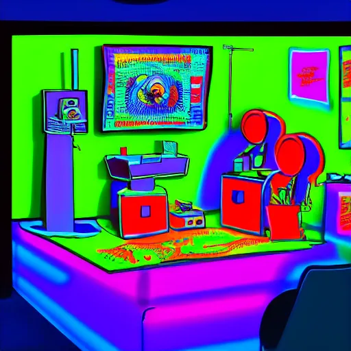 Prompt: 3D Dr. Suess environment in a blacklight laboratory with a scientist experimenting with box TVs and rainbows. beautiful lighting. highly detailed digital art. trending on Behance.