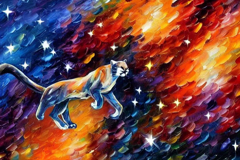 Image similar to the night sky, stars forming the shape of a cougar, desaturated colours, sky focus, night time, trending on artstation, artwork by leonid afremov