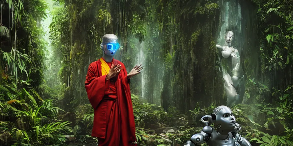 Image similar to cyberpunk robot in buddhist monk robe in the asian rainforest, immaculate details, vintage polaroid photo, hyper realistic, ultra realistic, photo realistic, photography, ray tracing, octane render, vray render, weta digital, unreal engine 5,