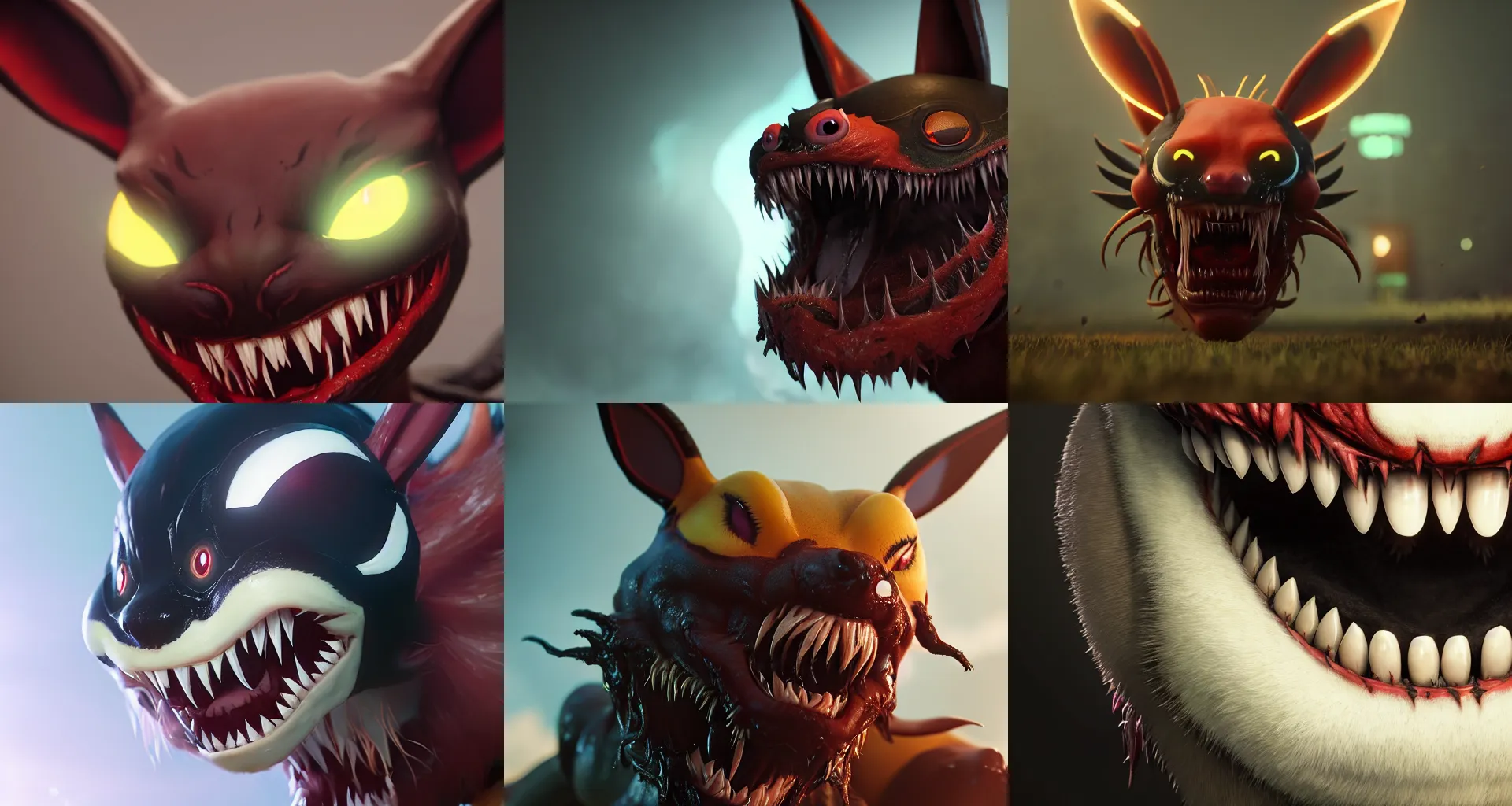 Prompt: incredibly realistic, too detailed face of eevee with owo eyes, venom fangs, carnage fangs, octane render, bump mapping, macro image, global illumination, 8 k, bokeh, enki bilal, yuji himukai, jen zee, peter mohrbacher