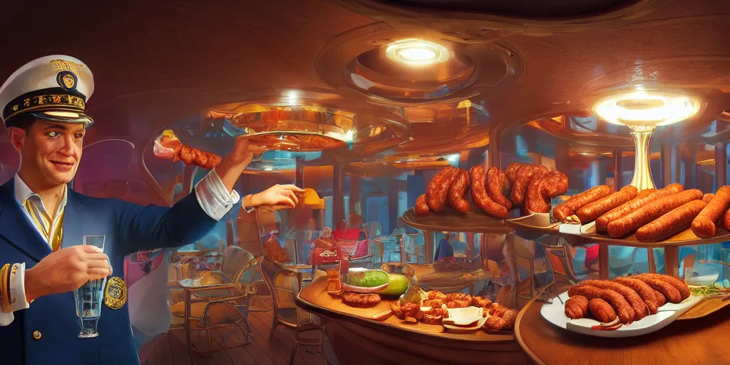 Image similar to Intricate detailed illustration, A carnival cruise ship captain with sausages for fingers, cinematic lighting, by Philip Hood, wide angle, volumetric light scattering, 8k, artstation, concept art,