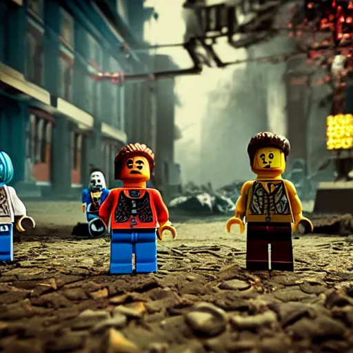 Prompt: zombies chasing Lego Dr Who, cinematic photography, concept art, cinematic