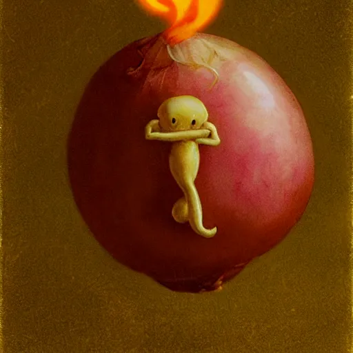 Prompt: onion charmander portrait, baroque painting, elated gaunt onion head