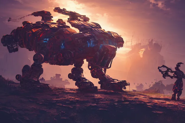 Image similar to scrapper machine mecanical creature robot of horizon forbidden west horizon zero dawn radiating a glowing aura global illumination ray tracing hdr fanart arstation by ian pesty and alena aenami artworks in 4 k