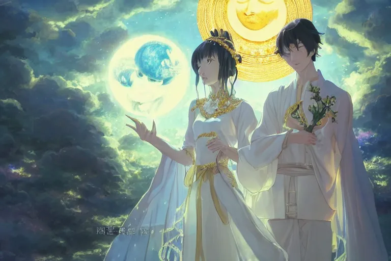 Image similar to a dreamlike portrait of wedding photograph close up moment of a divine a taiwan sun god and moon goddess lovers magician at a wedding banquet. portraiture. digital painting. artstation. concept art. fantasy wedding photo. digital painting, 8 k realistic, hyper detailed, by makoto shinkai and akihiko yoshida and hidari and wlop