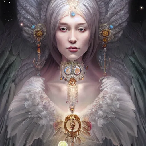 Image similar to A beautiful digital painting of a female Seraphim full of jewels, princess, the moon behind her, intricate, cinematic lighting, highly detailed, digital painting, Artstation, concept art, smooth, sharp focus, illustration, art by Tom Bagshaw, Artgerm and Greg Rutkowski