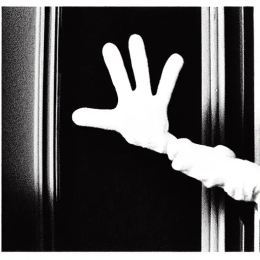 Prompt: a disembodied 5 - fingered white gloved hand sticking out from behind a dark doorway, waving at a terrified boy watching tv in a living room, cinematic lighting, dark living room, doorway with the gloved hand in the distance, haunted, scary