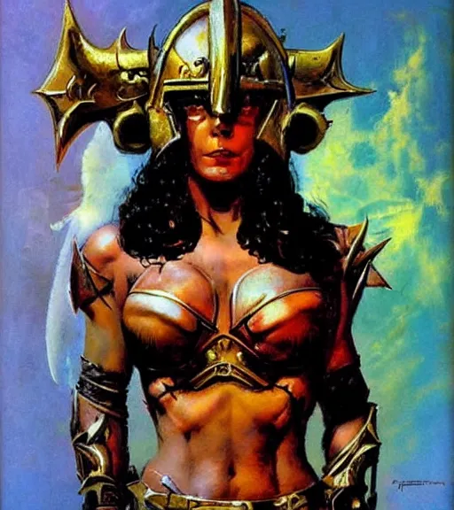 Image similar to portrait of strong female chaos angel, beautiful! coherent! by frank frazetta, by brom, strong line, vivid neon color, spiked metal armor, iron helmet maximalist