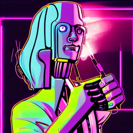 Prompt: A cyberpunk cybernetic synthwave android smoking weed