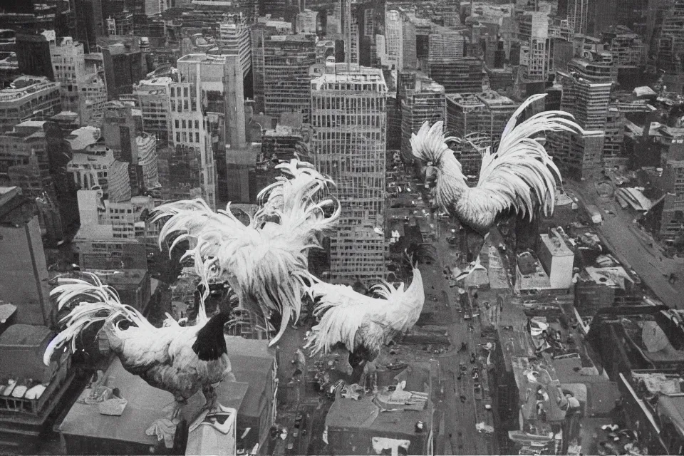 Image similar to still image taken from sci fi horror movie of a giant rooster fights an monster in the city. aerial shot, 1 9 8 0 s polaroid photo - journalism flash photograph.